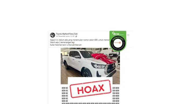 Hoaks Pembagian Toyota Hilux Hanya dengan Tebak Angka di Facebook